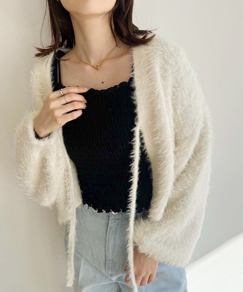 one after another NICE CLAUP（ワンアフターアナザーナイスクラップ）の「ふわモテあざとリボンショートカーディガン（カーディガン/ボレロ・レディース・アイボリー/グレー/ライトイエロー/ベビーピンク・FREE）」の5枚目の写真