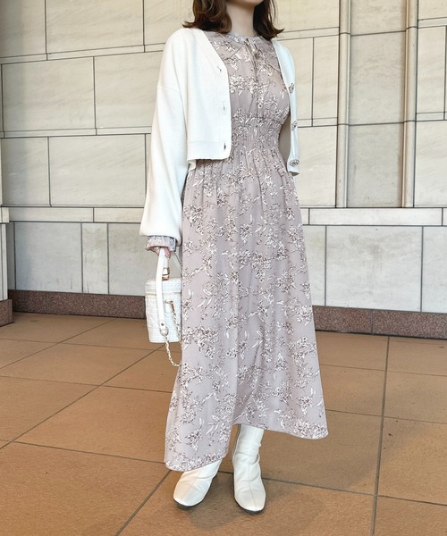 Since Then リボン長袖フレアワンピース ロング丈 豊富な4色展開 清楚ガーリーなビックリボンのロング丈襟付き長袖