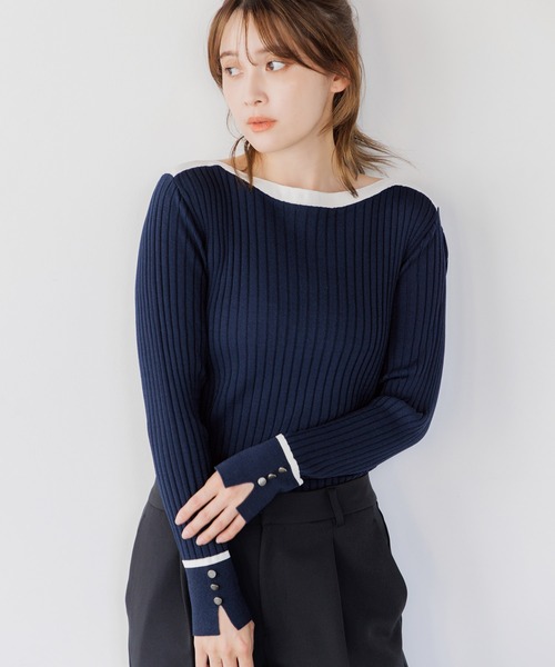 Dita Muaj.（ディータムアージュ）の「リブ配色袖ボタンプルオーバー（ニット/セーター・レディース・ライトアッシュグレー/ベージュ/ネイビー・FREE）」の4枚目の写真