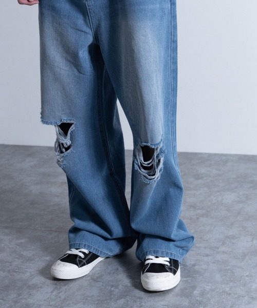ダメージ加工 ワイドデニムパンツ ブルー Emo Brother ダメージ加工