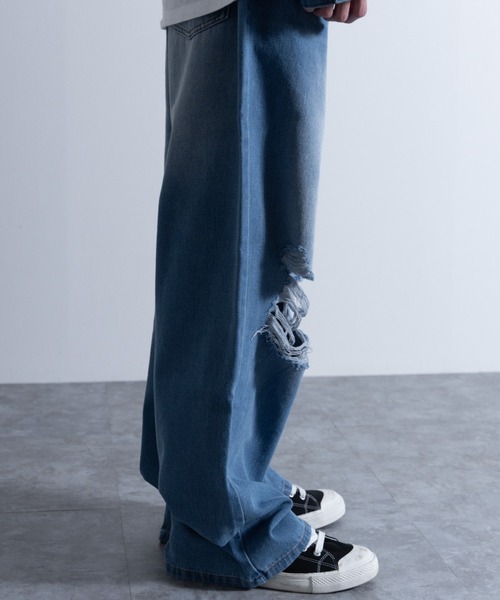 NYLAUS（ナイラス）の「ダメージ加工 ワイドデニムパンツ（デニムパンツ・メンズ・ブルー/ブラック・LL/L/M）」の20枚目の写真