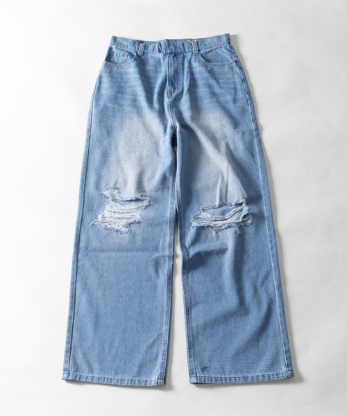 NYLAUS（ナイラス）の「ダメージ加工 ワイドデニムパンツ（デニムパンツ・メンズ・ブルー/ブラック・LL/L/M）」の14枚目の写真