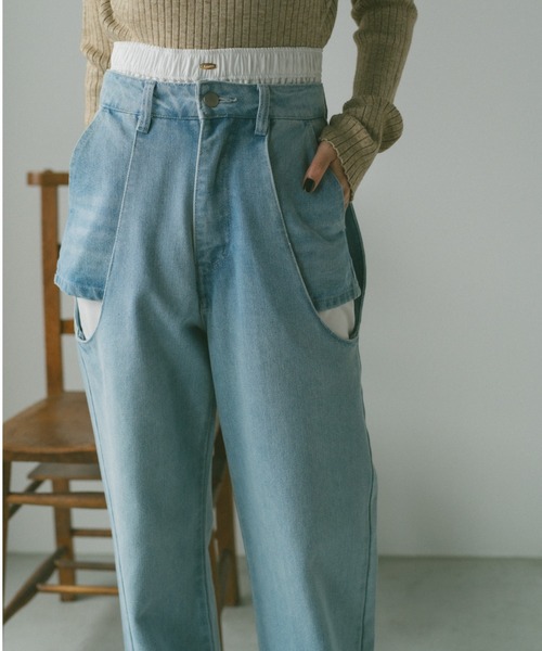 VANNIE U（ヴァニーユー）の「サイドカットアウトデニム/レイヤードパンツ【SMLサイズ展開】（デニムパンツ・レディース・ブルー/ライトブルー/ブラック・S/M/L）」の4枚目の写真