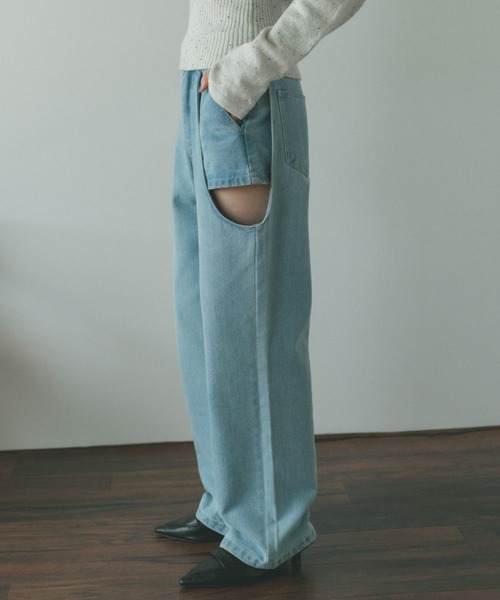 サイドカットアウトデニム/レイヤードパンツ【SMLサイズ展開