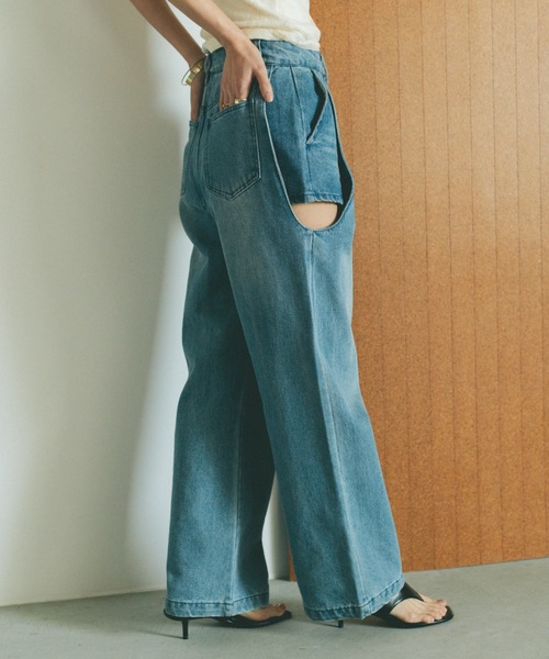 サイドカットアウトデニム/レイヤードパンツ【SMLサイズ展開】（デニム  