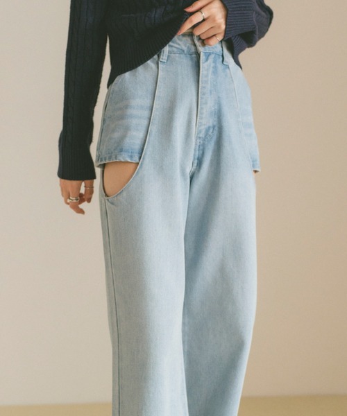 サイドカットアウトデニム/レイヤードパンツ【SMLサイズ展開】（デニム