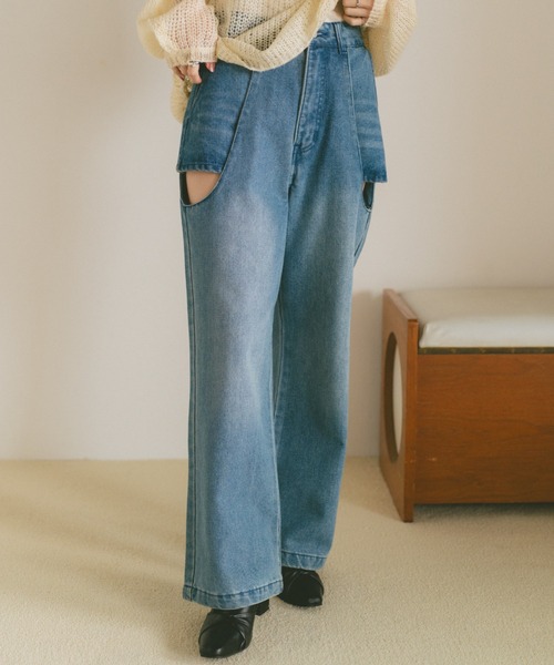 VANNIE U（ヴァニーユー）の「サイドカットアウトデニム/レイヤードパンツ【SMLサイズ展開】（デニムパンツ・レディース・ブルー/ライトブルー/ブラック・S/M/L）」の6枚目の写真
