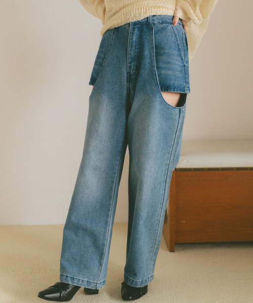 VANNIE U（ヴァニーユー）の「サイドカットアウトデニム/レイヤードパンツ【SMLサイズ展開】（デニムパンツ・レディース・ブルー/ライトブルー/ブラック・S/M/L）」の7枚目の写真