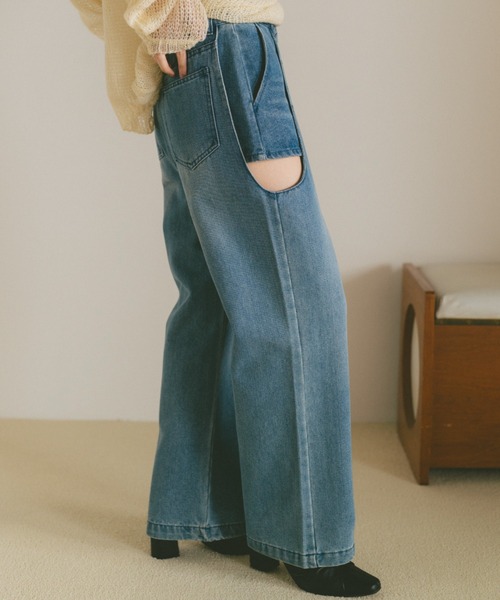 VANNIE U（ヴァニーユー）の「サイドカットアウトデニム/レイヤードパンツ【SMLサイズ展開】（デニムパンツ・レディース・ブルー/ライトブルー/ブラック・S/M/L）」の9枚目の写真