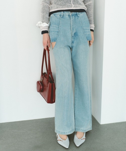 サイドカットアウトデニム/レイヤードパンツ【SMLサイズ展開】（デニム