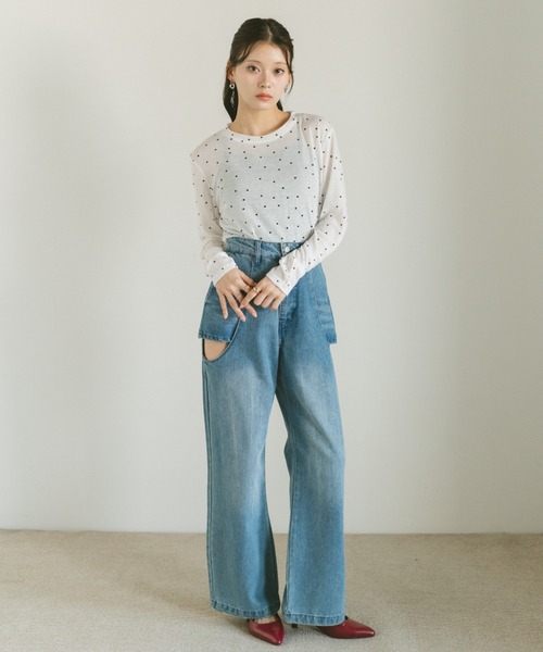 サイドカットアウトデニム/レイヤードパンツ【SMLサイズ展開】（デニム