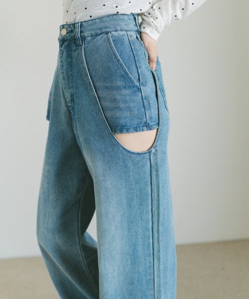 セール】サイドカットアウトデニム/レイヤードパンツ【SMLサイズ展開