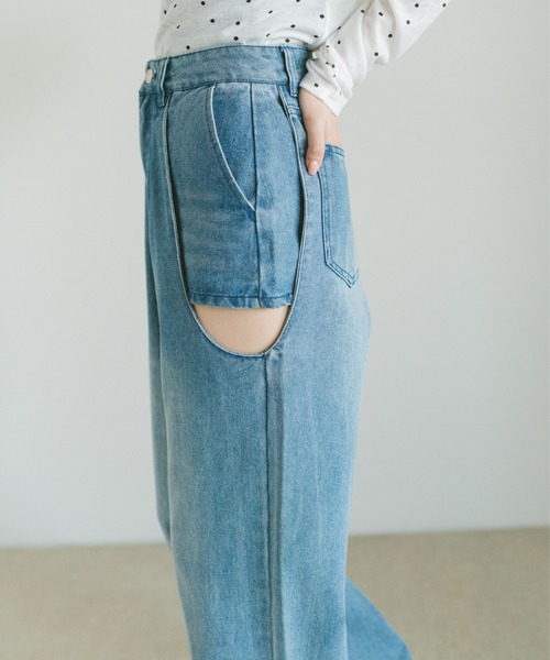 サイドカットアウトデニム/レイヤードパンツ【SMLサイズ展開】（デニム