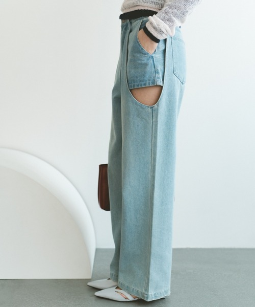 セール】サイドカットアウトデニム/レイヤードパンツ【SMLサイズ展開