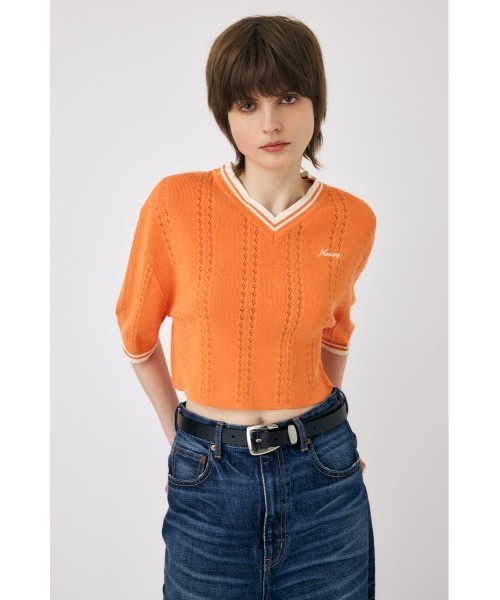 MOUSSY(マウジー)の「MOUSSY CROPPED KNIT Tシャツ(Tシャツ/カットソー・レディース・ライトブラック/オレンジ/アイボリー/ライトブルー・FREE)」の1枚目の写真