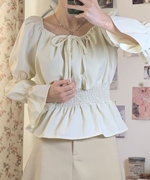 2wayギャザー入り長袖ブラウス スクエアネック バレエコア