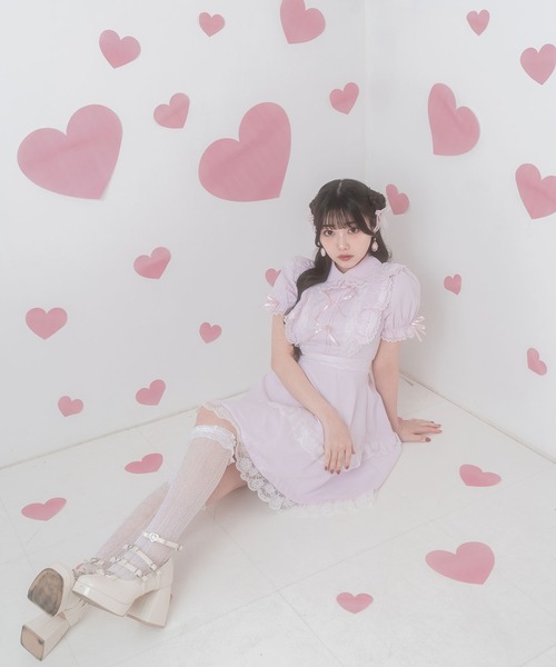 セール】大柄レース7分袖配色フレアワンピース（ドレス）｜Lace