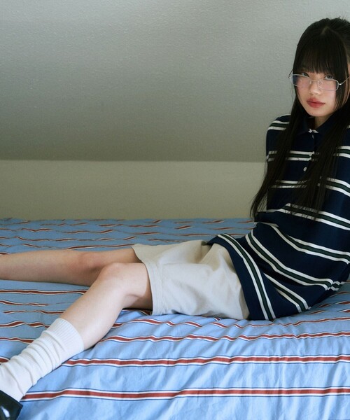 FREAK'S STORE(フリークスストア)の「FAD/エフエーディー STRIPE PIQUE SHIRTS/ ストライプピケシャツ(ポロシャツ・レディース・オフホワイト/ネイビー・フリ-)」の2枚目の写真