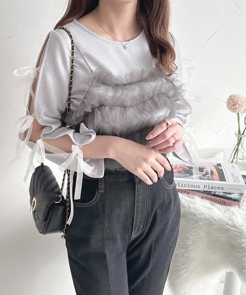 apres jour(アプレジュール)の「リボンスリーブラメカットプルオーバー【ZOZOTOWN限定アイテム】(Tシャツ/カットソー・レディース・グレー系その他/ピンクベージュ/ブラック・X-LARGE/フリー)」の13枚目の写真