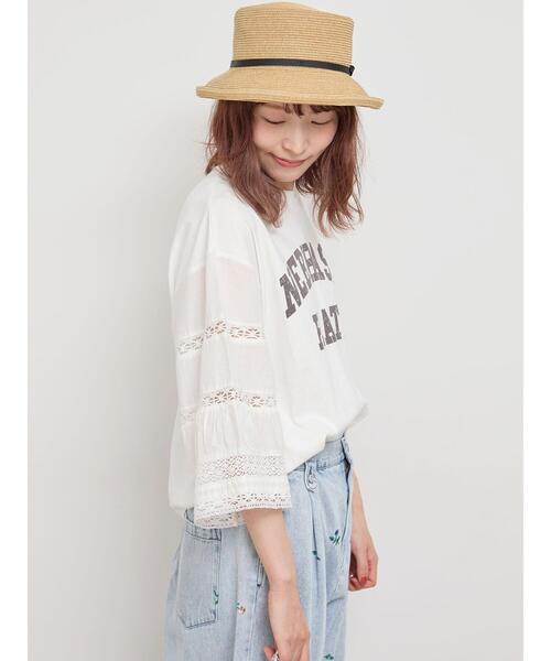 Samansa Mos2（サマンサ モスモス）の「袖レース切替プリントカットソー（Tシャツ/カットソー・レディース・ブラック/パープル/オフホワイト/カーキ・F）」の2枚目の写真