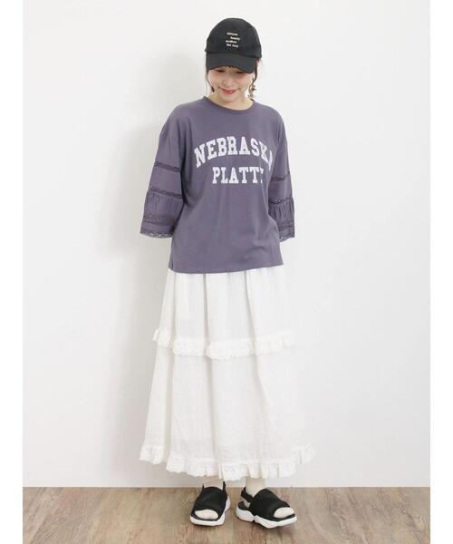 Samansa Mos2（サマンサ モスモス）の「袖レース切替プリントカットソー（Tシャツ/カットソー・レディース・ブラック/パープル/オフホワイト/カーキ・F）」の7枚目の写真