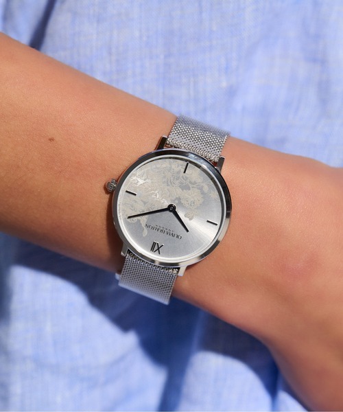「OLIVIA BURTON/オリビアバートン」シグネチャー - 35mm フローラル ブルーム ウルトラスリム シルバー メッシュ ウォッチ
