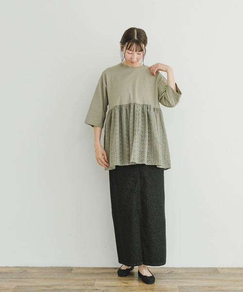 ITEMS URBANRESEARCH（アイテムズ アーバンリサーチ）の「レースキリカエTシャツ（Tシャツ/カットソー・レディース・グリーン系その他/ホワイト/ブラック・FREE）」の7枚目の写真