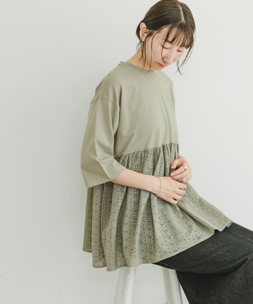 ITEMS URBANRESEARCH（アイテムズ アーバンリサーチ）の「レースキリカエTシャツ（Tシャツ/カットソー・レディース・グリーン系その他/ホワイト/ブラック・FREE）」の5枚目の写真