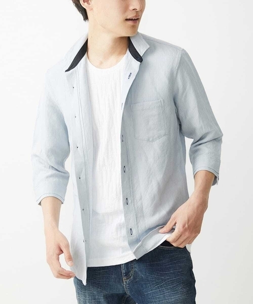 MK MICHEL KLEIN HOMME (エムケーミッシェルクランオム)の「【ラスト1/在庫限り】七分袖シャツ/リネンレーヨン(シャツ/ブラウス・メンズ・ホワイト/グレー・46/48/51)」の2枚目の写真