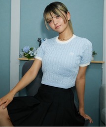 《配色ケーブル編み×ロゴ刺繍》レディース 半袖ニットプルオーバー 春夏秋