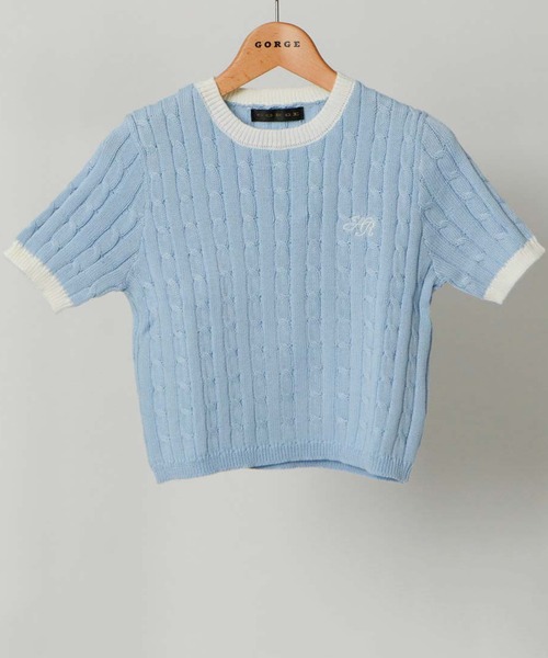 GORGE（ゴージ）の「《配色ケーブル編み×ロゴ刺繍》レディース 半袖ニットプルオーバー 春夏秋（Tシャツ/カットソー・レディース・ブラック/アイボリー/イエロー/ライトブルーグレー・F）」の4枚目の写真