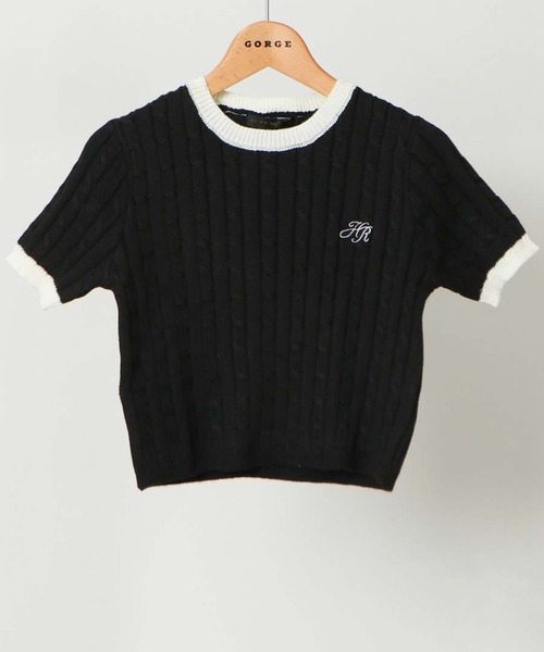 GORGE（ゴージ）の「《配色ケーブル編み×ロゴ刺繍》レディース 半袖ニットプルオーバー 春夏秋（Tシャツ/カットソー・レディース・ブラック/アイボリー/イエロー/ライトブルーグレー・F）」の3枚目の写真