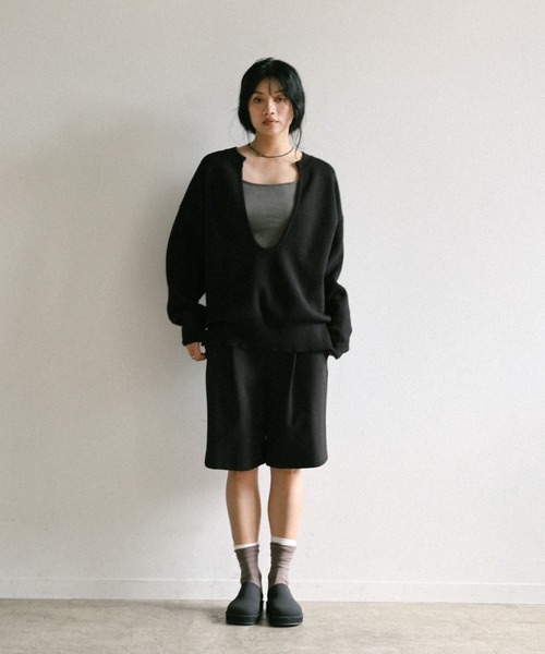 セール】ディープUネックスウェットライクニット（ニット/セーター