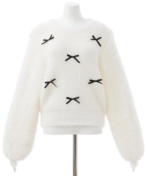 INGNI（イング）の「リボンデザインフェザー長袖ニット（ニット/セーター・レディース・ピンク系7/グレー系その他3/ホワイト×ブラック・M）」の4枚目の写真