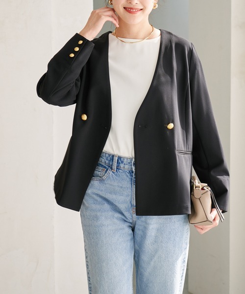 Emma Taylor（エマテイラー）の「GOLD釦ノーカラーテーラードジャケット（ノーカラージャケット・レディース・ブラック/モカ・FREE）」の13枚目の写真