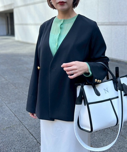 美品▲定価3.6万 IENA ノーカラーコートゴールドボタン ブラック 日本製 N.s ノーカラーコート コート ゴールドボタンノーカラーファーコート