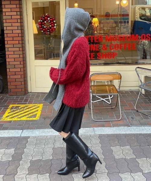 ストリートファッション Chikashitsu + チカシツプラス angora like cable knit アンゴラケーブルニット ツイストニット 長袖ニット 長袖セーター 冬ニット 赤ニット 長袖トップス 韓国ファッション 韓国ストリート カジュアルファッション（ニット/セーター）｜Chikashitsu +（チカシツプラス）