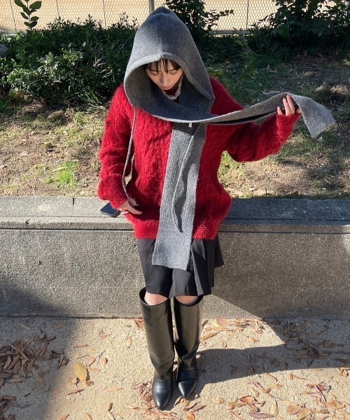 ストリートファッション Chikashitsu + チカシツプラス angora like cable knit アンゴラケーブルニット ツイストニット 長袖ニット 長袖セーター 冬ニット 赤ニット 長袖トップス 韓国ファッション 韓国ストリート カジュアルファッション（ニット/セーター）｜Chikashitsu +（チカシツプラス）