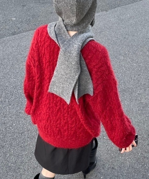 ストリートファッション Chikashitsu + チカシツプラス angora like cable knit アンゴラケーブルニット ツイストニット 長袖ニット 長袖セーター 冬ニット 赤ニット 長袖トップス 韓国ファッション 韓国ストリート カジュアルファッション（ニット/セーター）｜Chikashitsu +（チカシツプラス）