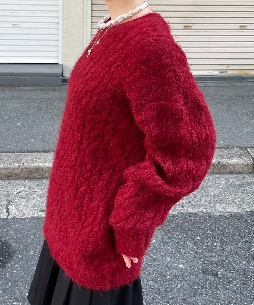 ストリートファッション Chikashitsu + チカシツプラス angora like cable knit アンゴラケーブルニット ツイストニット 長袖ニット 長袖セーター 冬ニット 赤ニット 長袖トップス 韓国ファッション 韓国ストリート カジュアルファッション（ニット/セーター）｜Chikashitsu +（チカシツプラス）