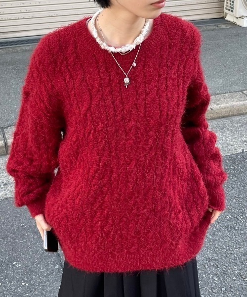 ストリートファッション Chikashitsu + チカシツプラス angora like cable knit アンゴラケーブルニット ツイストニット 長袖ニット 長袖セーター 冬ニット 赤ニット 長袖トップス 韓国ファッション 韓国ストリート カジュアルファッション（ニット/セーター）｜Chikashitsu +（チカシツプラス）