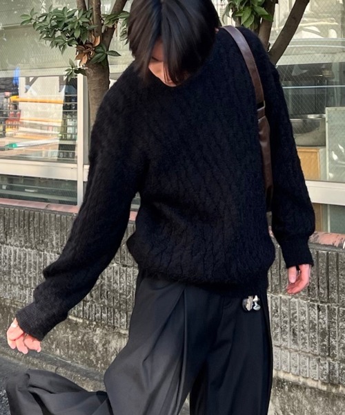 ストリートファッション Chikashitsu + チカシツプラス angora like cable knit アンゴラケーブルニット ツイストニット 長袖ニット 長袖セーター 冬ニット 赤ニット 長袖トップス 韓国ファッション 韓国ストリート カジュアルファッション（ニット/セーター）｜Chikashitsu +（チカシツプラス）