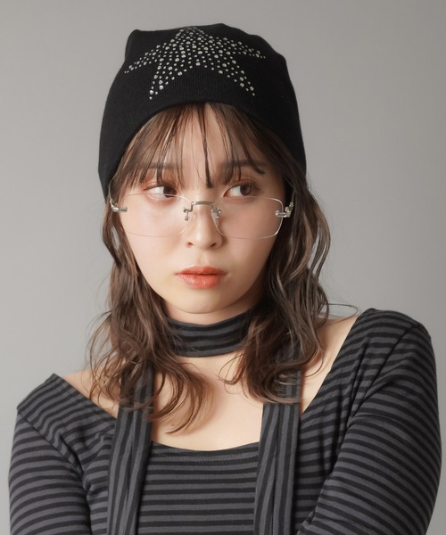 STONE  ブラック　ニット帽　シングル　ビーニー ラインストーン シングルビーニー/ニット帽（ニットキャップ