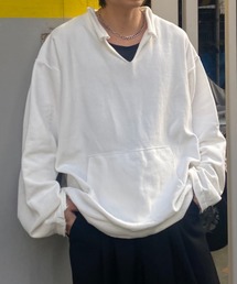 <ユニセックス>フロントポケットキーネックプルオーバー/トップス