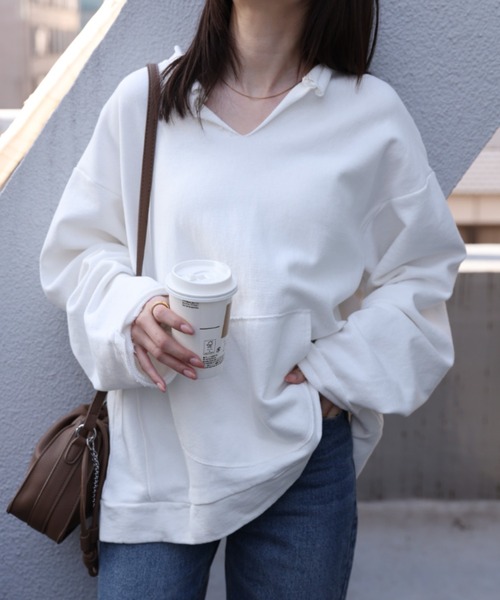 CREARE -LINO-(クレアーレリノ)の「<ユニセックス>フロントポケットキーネックプルオーバー/トップス(スウェット・レディース・ブラック/オフホワイト/グレー・FREE)」の10枚目の写真