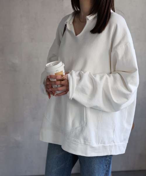 CREARE -LINO-(クレアーレリノ)の「<ユニセックス>フロントポケットキーネックプルオーバー/トップス(スウェット・レディース・ブラック/オフホワイト/グレー・FREE)」の11枚目の写真