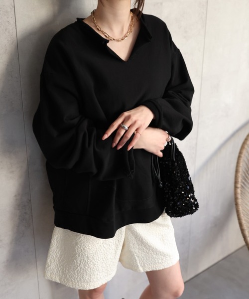 CREARE -LINO-(クレアーレリノ)の「<ユニセックス>フロントポケットキーネックプルオーバー/トップス(スウェット・レディース・ブラック/オフホワイト/グレー・FREE)」の13枚目の写真