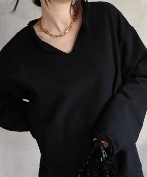 CREARE -LINO-(クレアーレリノ)の「<ユニセックス>フロントポケットキーネックプルオーバー/トップス(スウェット・レディース・ブラック/オフホワイト/グレー・FREE)」の4枚目の写真