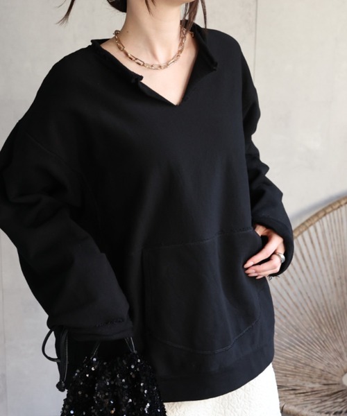 CREARE -LINO-(クレアーレリノ)の「<ユニセックス>フロントポケットキーネックプルオーバー/トップス(スウェット・レディース・ブラック/オフホワイト/グレー・FREE)」の5枚目の写真