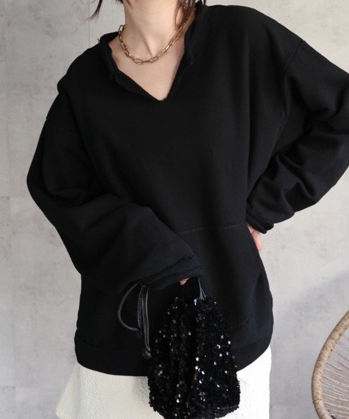 CREARE -LINO-(クレアーレリノ)の「<ユニセックス>フロントポケットキーネックプルオーバー/トップス(スウェット・レディース・ブラック/オフホワイト/グレー・FREE)」の14枚目の写真